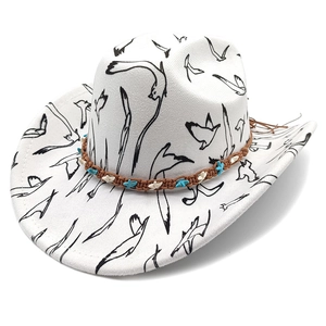Weißer Western-Cowboyhut mit schwarzem Vogelprint und geflochtenem Dekoband