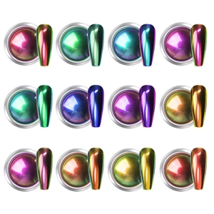 Showcase of 12 multi-chrome chameleon nail powders with metallic mirror effect on tips