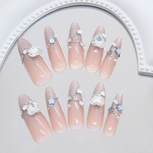 Cat eye gradient stiletto press-on nails with silver hearts and sparkling diamonds