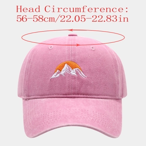 Pink washed baseball cap with mountain embroidery and 56-58cm head circumference info