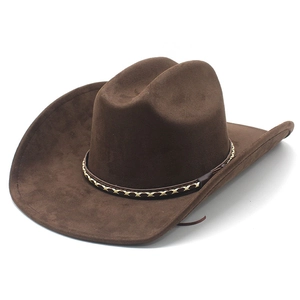 Classic dark brown suede western cowboy hat with wide brim and woven decorative band