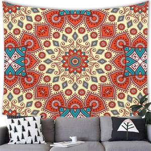 Detailed mandala pattern on bohemian tapestry hanging in a modern living room