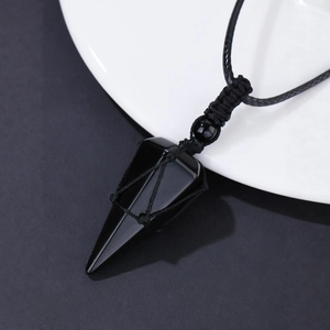 Natural black obsidian hexagonal pendant on adjustable hand-woven black cord necklace