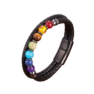 Braided black leather chakra bracelet with seven colorful beads and magnetic metal clasp