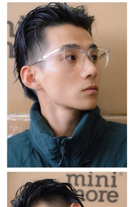 Side view of oversized transparent eyewear frame worn by a model in sporty urban setting