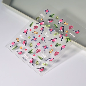 5D embossed forest bird nail stickers with 3D texture and botanical berry designs