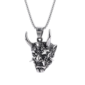 Intricate samurai hannya mask pendant in vintage stainless steel on a link chain necklace