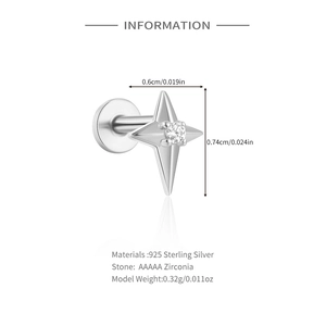 Detailed spec sheet showing dimensions of a 925 sterling silver star stud with zirconia