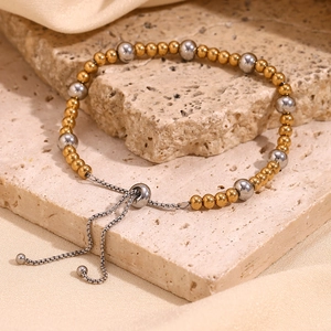 Two-tone 18K gold plated stainless steel bead bracelet with adjustable slider chain