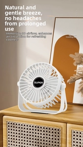 Close-up of white desktop cooling fan with SUPER logo on a rustic wooden cabinet