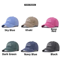 Collage showing washed cotton baseball caps with California Los Angeles embroidery in 6 colors