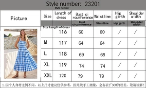 Detailed size chart for the striped backless midi dress with length and bust measurements