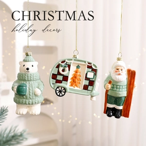 Ceramic Christmas ornaments set with polar bear, RV and Santa Claus in mint green
