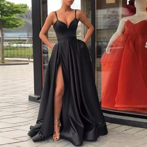 Elegant black satin slip evening gown with deep V-neck and high side slit for formal events