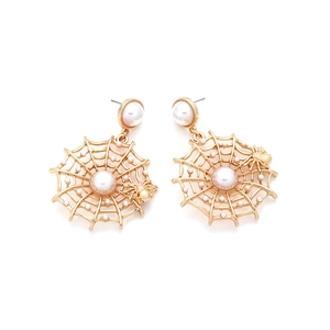 Golden spider web earrings with faux pearls and small spider charms on white background