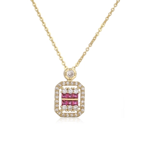 Detail of gold rectangular pendant with double rows of magenta stones and white zircons