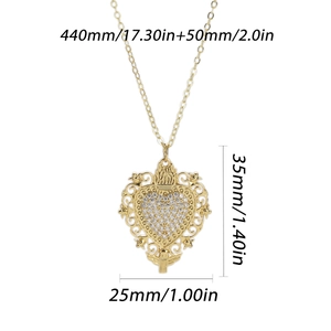 Detailed size chart of gold heart pendant necklace with dimensions and zircon inlay