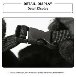 Close-up of adjustable buckle and thick faux fur on winter trapper hat details