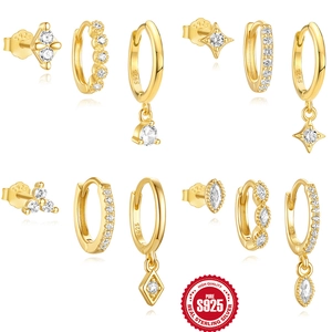 925 Sterling Silver Gold Plated Zirconia Star Oval Stud Hoop Earring Combination For Women Vintage Minimalist Jewelry