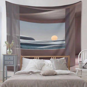 Detail view of surrealist landscape tapestry hanging over a modern bedroom bed