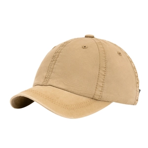 Classic khaki washed cotton baseball cap with short brim and minimalist soft top design