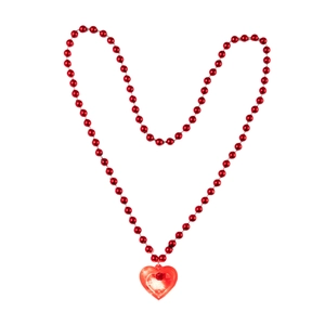 Detailed macro view of a red Valentine's Day bead necklace with LED heart pendant