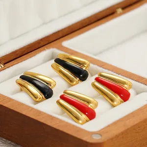 Retro 18k gold plated stainless steel enamel stud earrings in red and black colors
