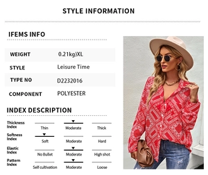 Size chart and fabric details for women's red paisley long sleeve casual polyester shirt