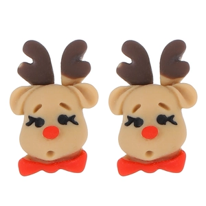 Cute cartoon Christmas reindeer resin stud earrings with red nose and brown antlers