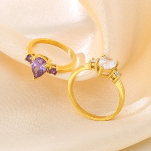 Elegant gold-plated stainless steel rings with pear-shaped purple and heart-shaped white zircons