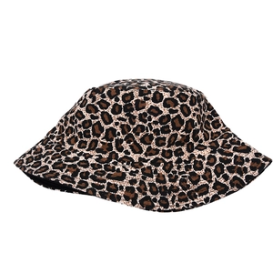 Detail of leopard print bucket hat showing the thick cotton texture and pattern