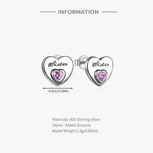 Detailed view of S925 sterling silver heart stud earrings with pink zirconia and Sister engraving