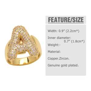 Detail view of gold plated letter A ring with zircon stones and size specifications