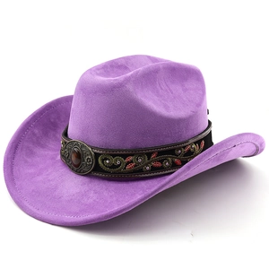 Detail of purple faux suede cowboy hat with vintage ethnic embroidery and gemstone buckle