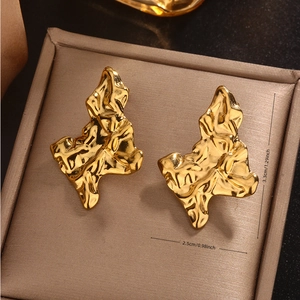 Vintage 18K gold plated titanium steel earrings with textured irregular lava design