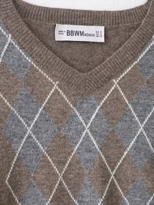 Close-up of the V-neckline and the argyle knit pattern on the wool blend sweater