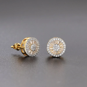 Gold round hip hop stud earrings with full iced out cubic zirconia pavé stones