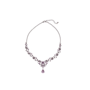 Elegant V-shaped necklace with purple gemstone and leaf accents on a white background