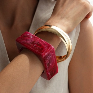 Chunky Bangle Bracelet Acrylic Marble Texture Square Geometric Round Polished Metal Minimalist Fashion Jewelry Women
