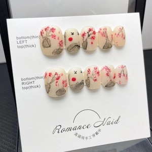 Short press-on nails with hand-painted plum blossoms and watercolor ink mountain design