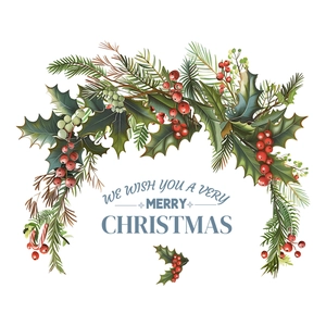 Semicircle Christmas wreath illustration with red berries, pine needles and festive wishes
