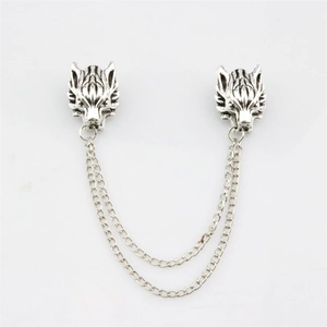 Spilla da colletto lupo argento vintage con catene doppie per abiti e camicie decorazione