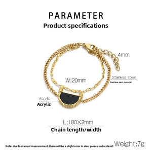 Detailed specs of gold stainless steel bracelet with a black acrylic semi-circle pendant