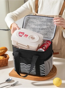 Detail showing an insulated lunch bag with thick aluminum foil lining for thermal storage