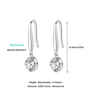 Κομψά σκουλαρίκια μωασσανίτη 2ct 8mm από ασήμι S925 με διαστάσεις προϊόντος
