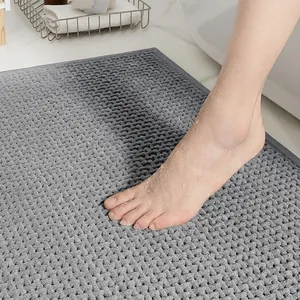 Detailed texture of thick gray chenille bath mat showing high water absorption effect