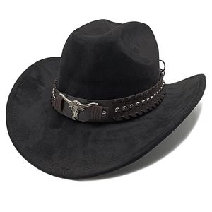 Classico cappello da cowboy in pelle scamosciata nera con testa di toro e borchie d'argento