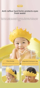 Detail of yellow baby shampoo cap with rigid PP brim and anti-backflow drainage system