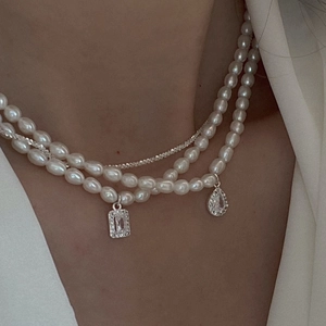 Double Layer Freshwater Pearl Necklace With Zircon Waterdrop Pendant French Vintage Clavicle Chain For Women