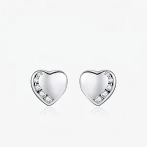 Heart Stud Earrings 925 Sterling Silver Cubic Zirconia Asymmetrical Polished Sweet Elegant Jewelry For Women
